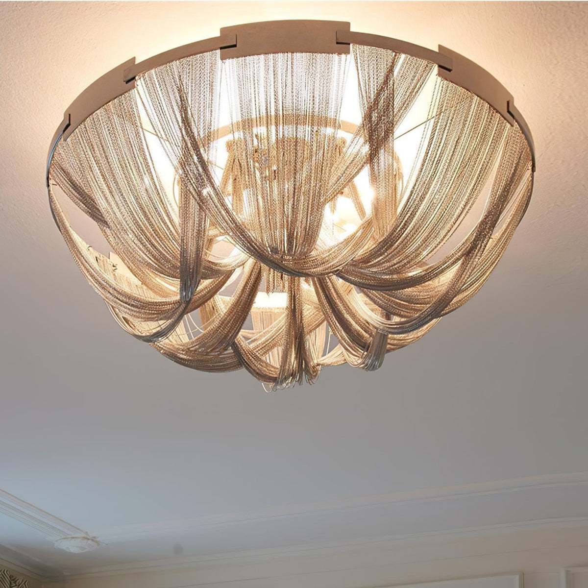 Talj plafondlamp met ketting van aluminium en tassel in nikkel