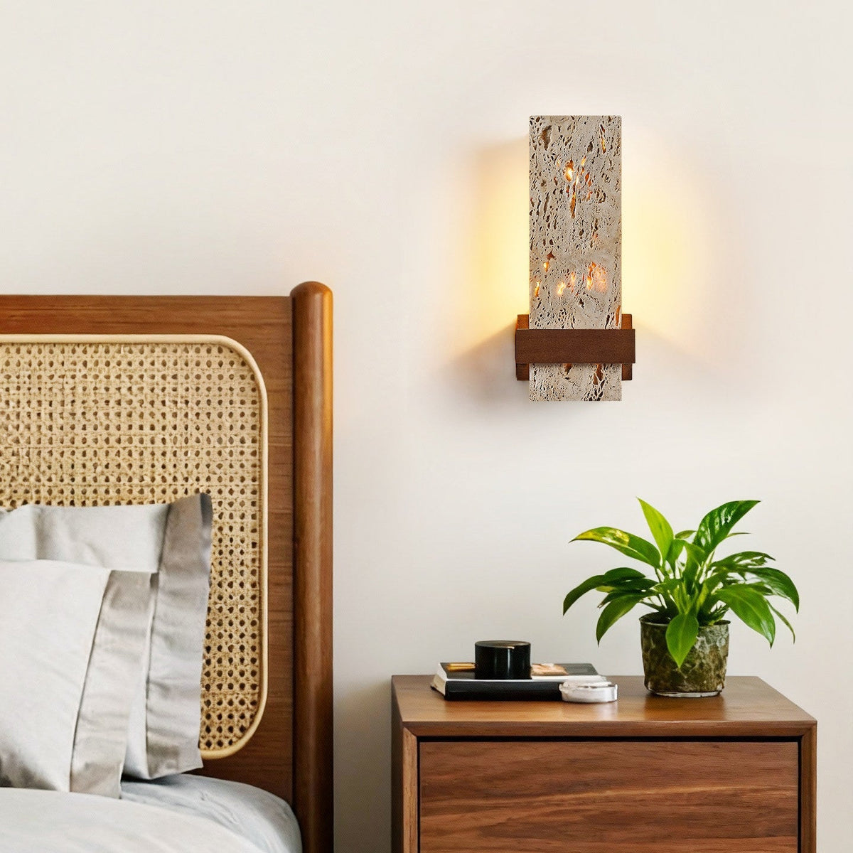 Brann Terra Geel travertin wandlamp met Walnoot