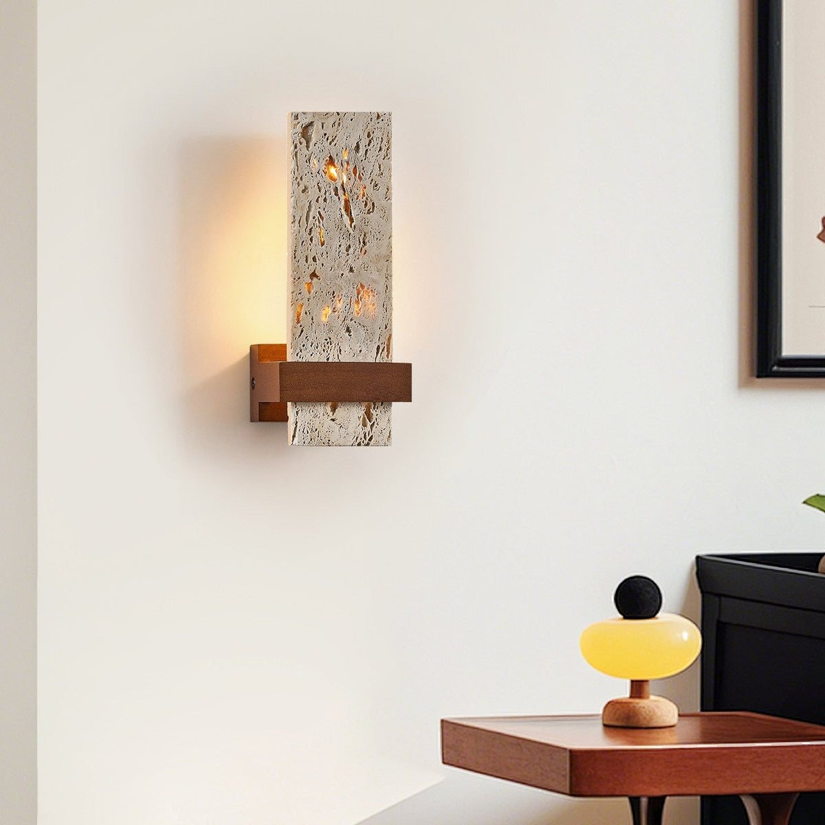 Brann Terra Geel travertin wandlamp met Walnoot