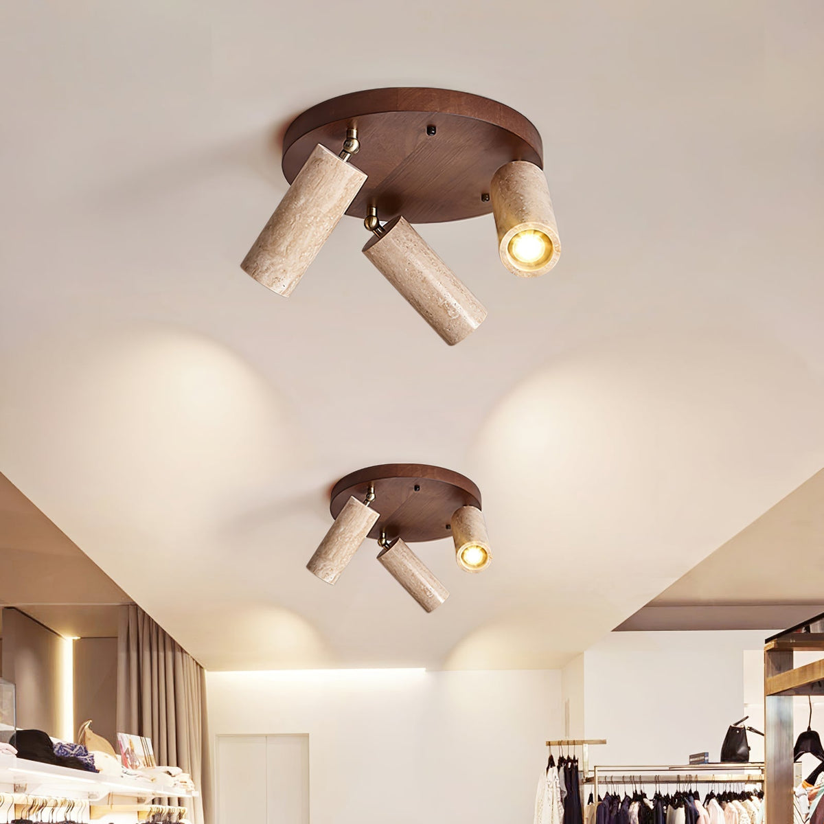 Zevenion meervoudige arm plafondlamp met walnoothout en geel travertin