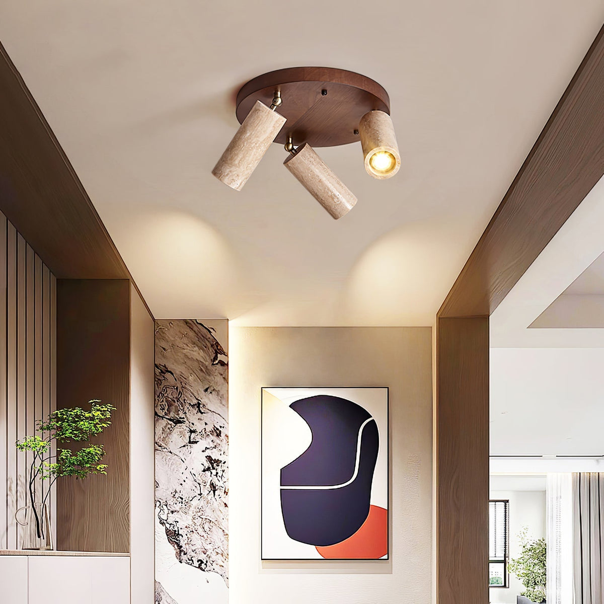 Zevenion meervoudige arm plafondlamp met walnoothout en geel travertin