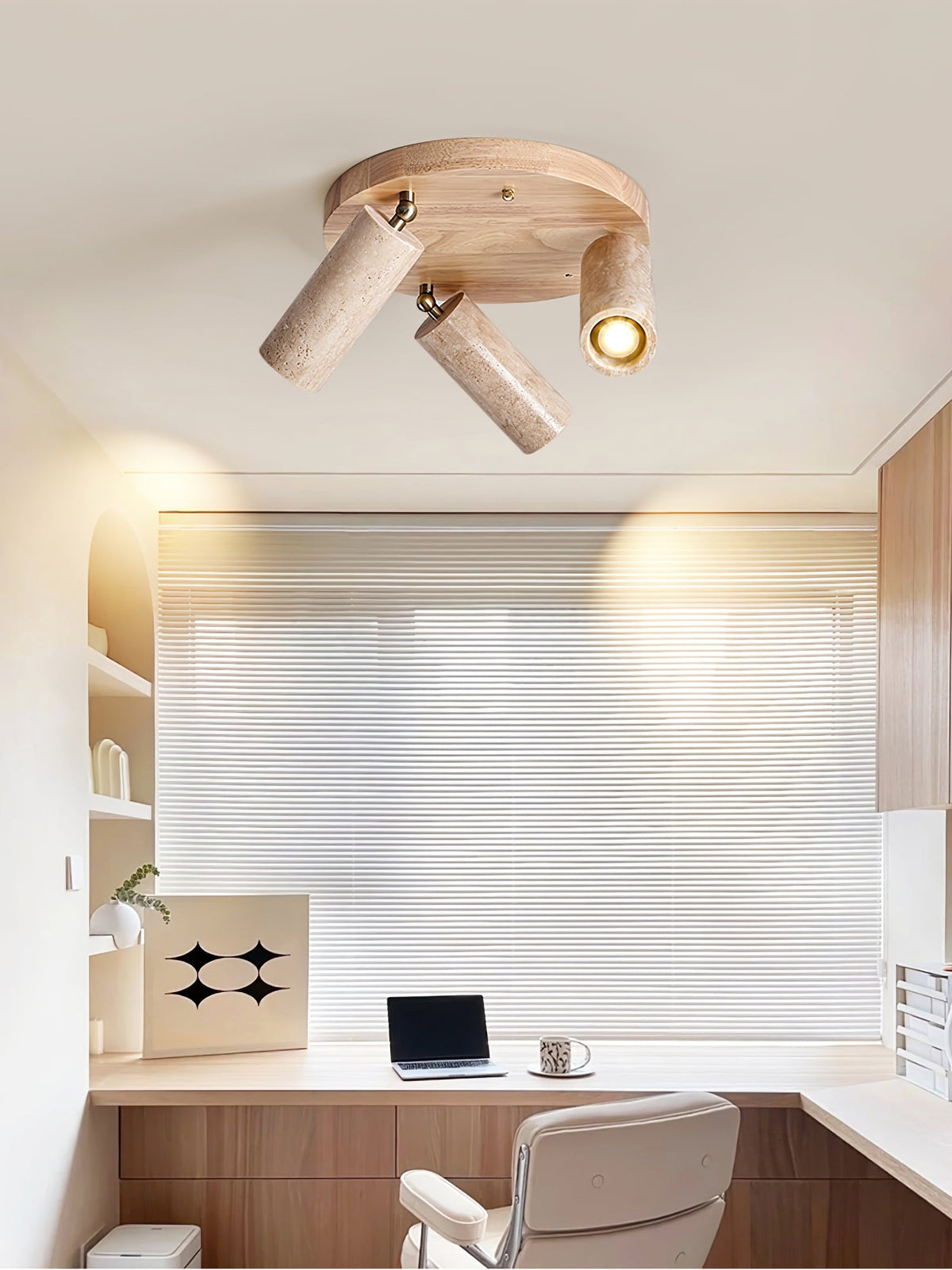 Zevenion meervoudige arm plafondlamp met walnoothout en geel travertin