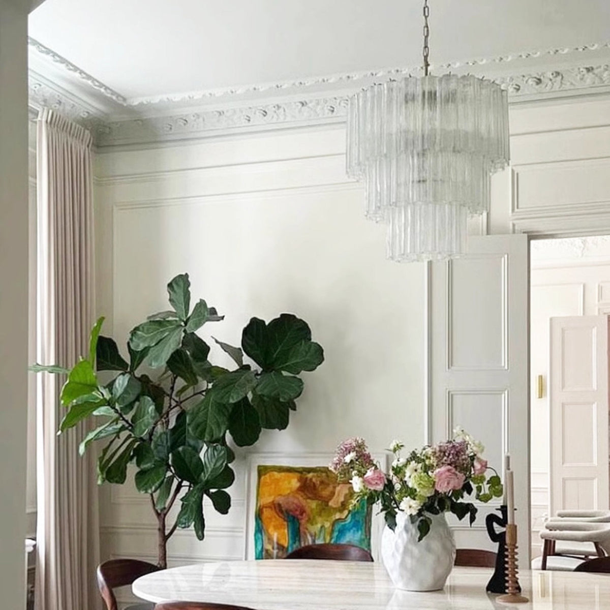 Lioroiel kroonluchter met gelaagde Murano-glasbuizen en waterval-effect in luxe uitvoering
