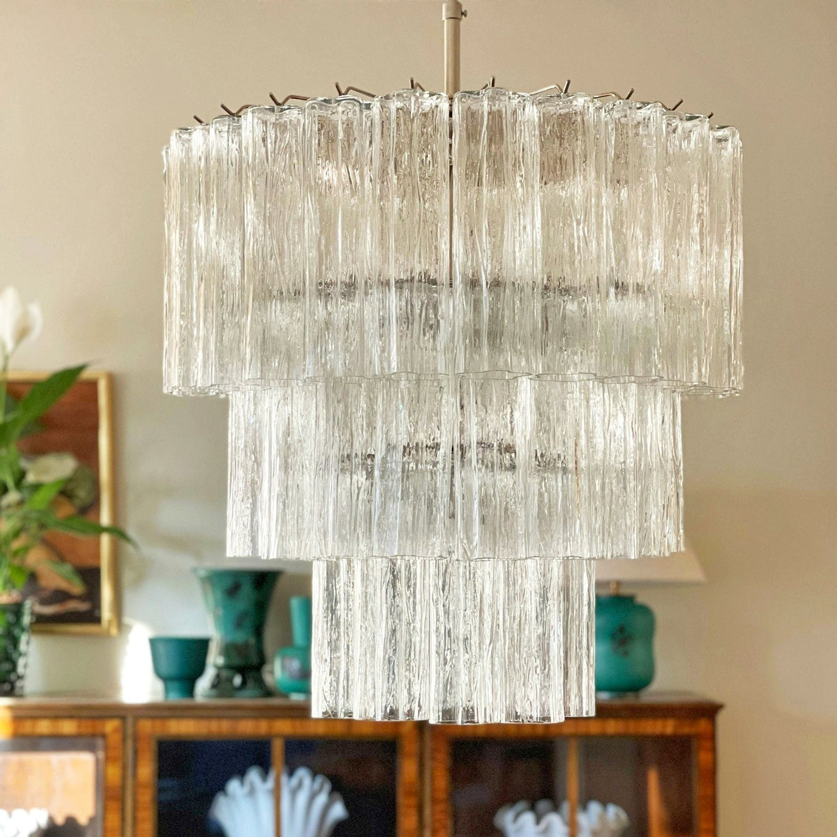 Lioroiel kroonluchter met gelaagde Murano-glasbuizen en waterval-effect in luxe uitvoering