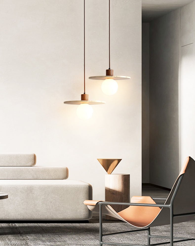 Tavuia hanglamp met geel travertin en walnoot