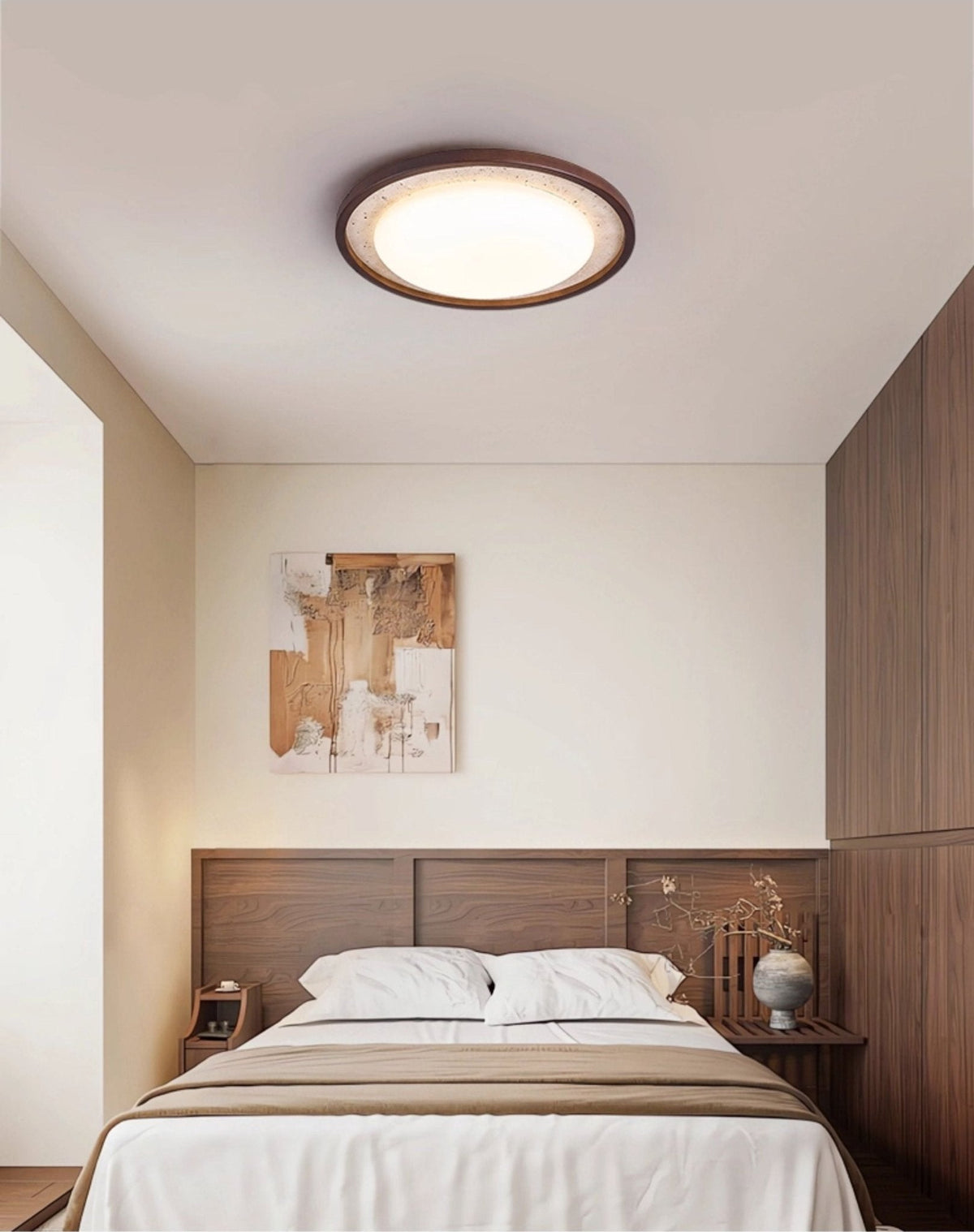 Bexm ronde plafondlamp van geel travertin en walnoothout