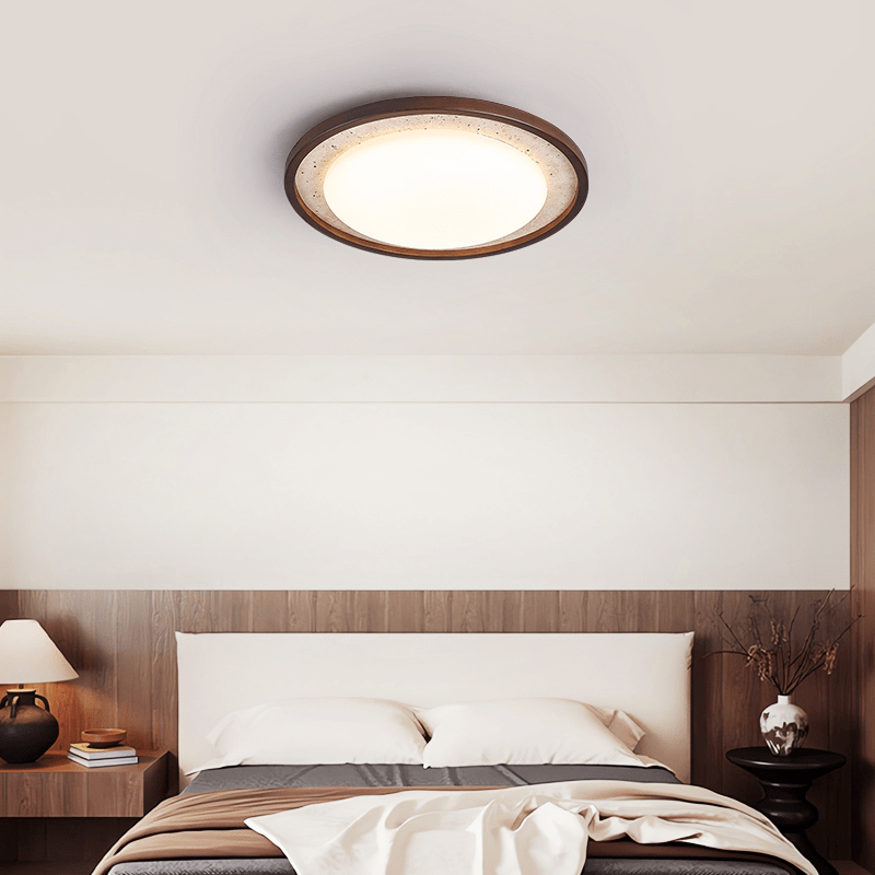 Bexm ronde plafondlamp van geel travertin en walnoothout