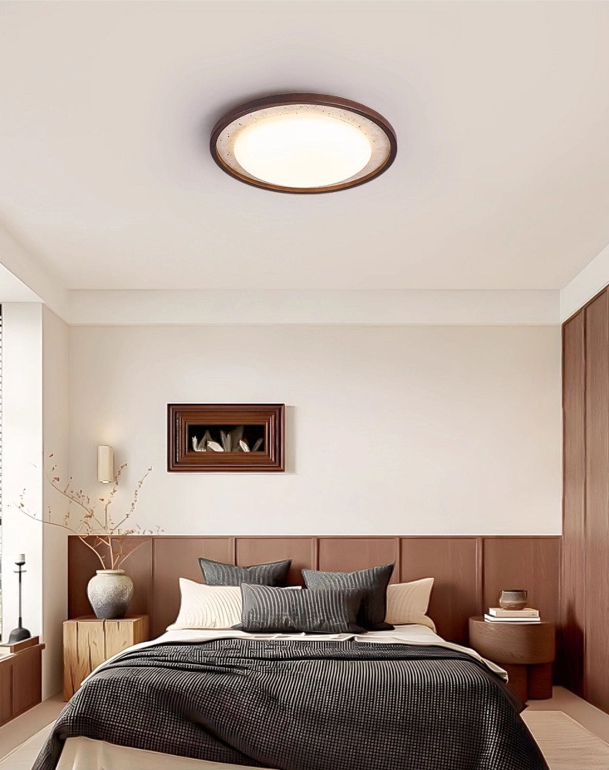Bexm ronde plafondlamp van geel travertin en walnoothout