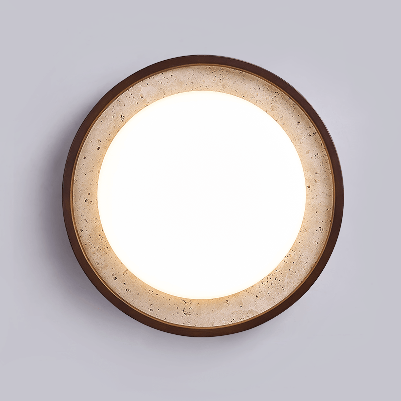 Bexm ronde plafondlamp van geel travertin en walnoothout