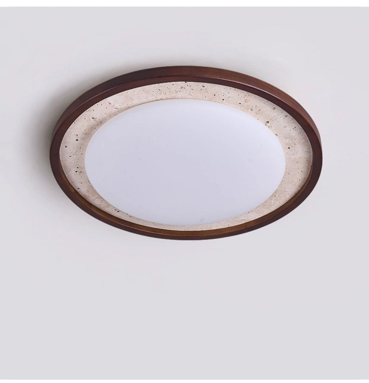 Bexm ronde plafondlamp van geel travertin en walnoothout