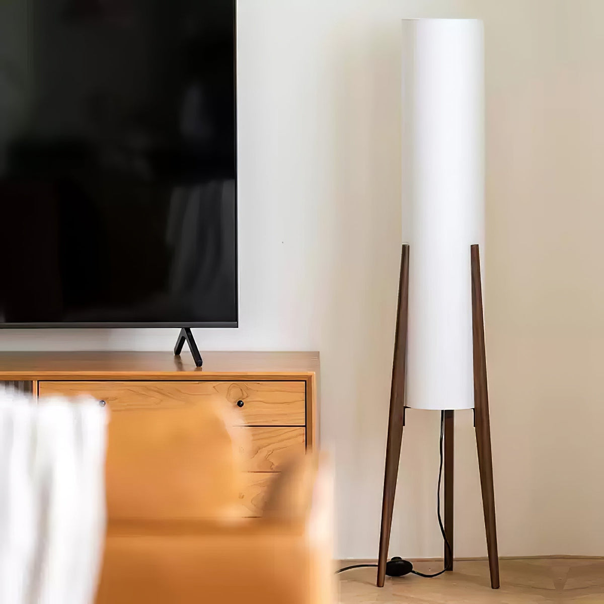 Triluxe moderne vloerlamp met hout en stof