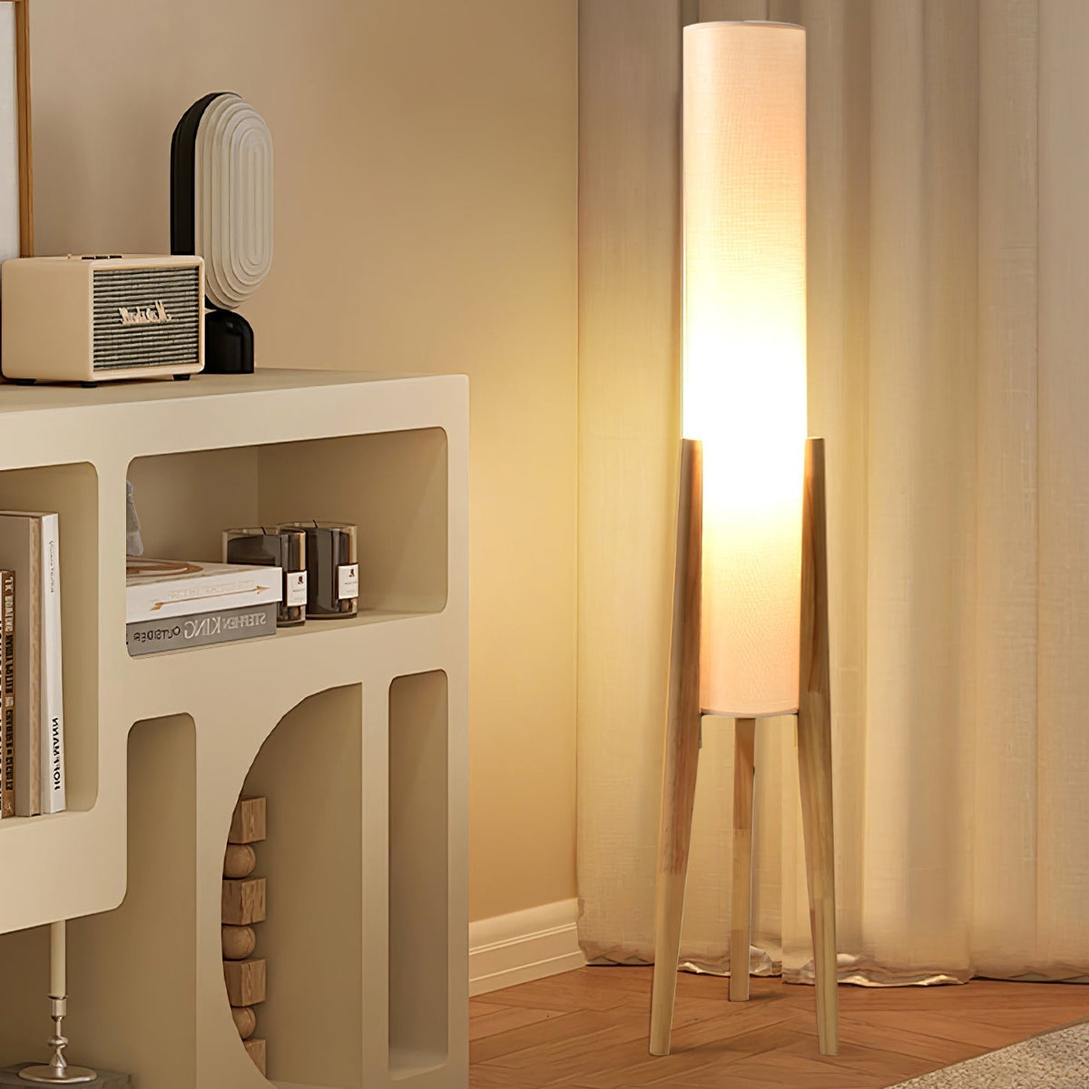 Triluxe moderne vloerlamp met hout en stof