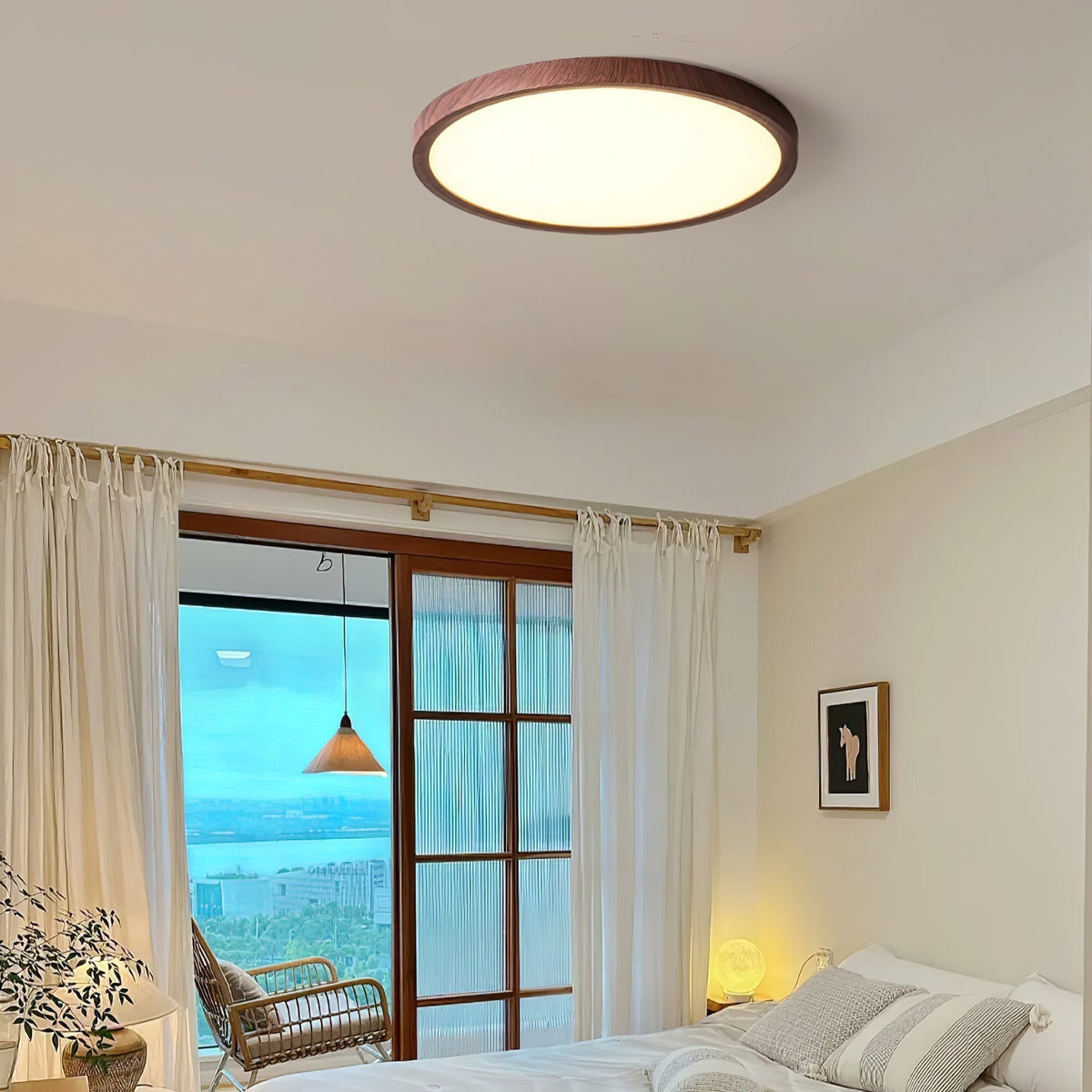 Rocor plafondlamp acrylaat dun rond walnoothoutlook minimalistisch