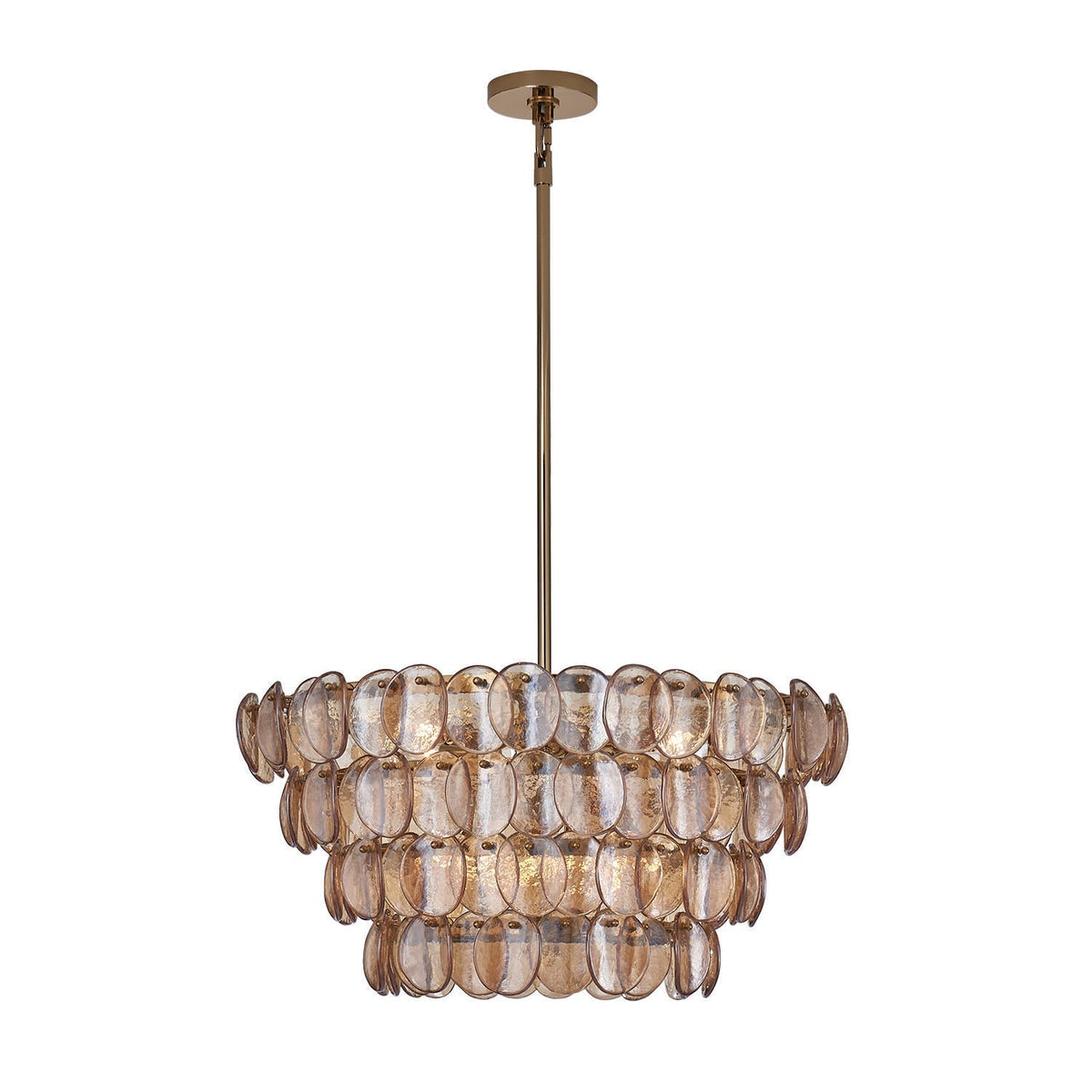 Lioroelle kroonluchter met amberkleurig glas, schijfvormig ontwerp en vispatroon in messing