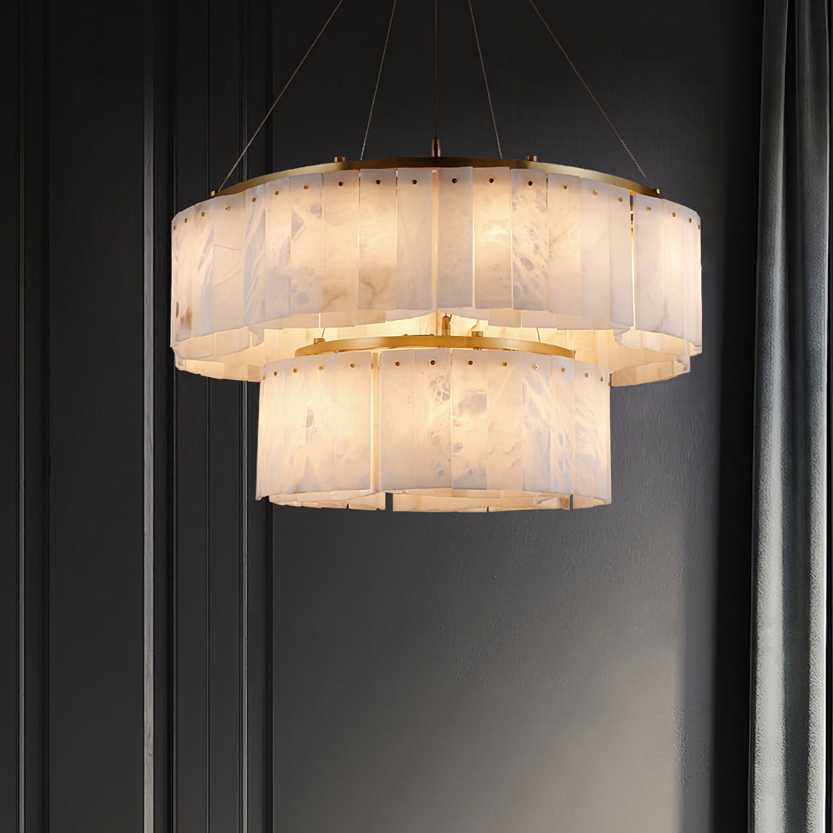 Ilveliel dubbele hanglamp met albasten kap in goudkleurige afwerking
