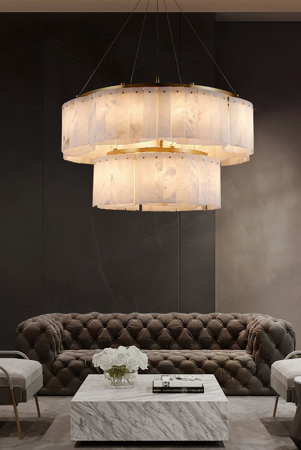 Ilveliel dubbele hanglamp met albasten kap in goudkleurige afwerking