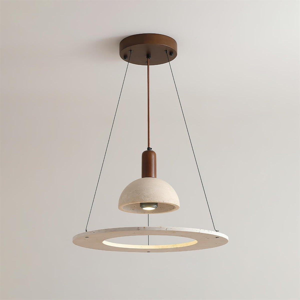 Valenise hanglamp met koepel en ring in travertin