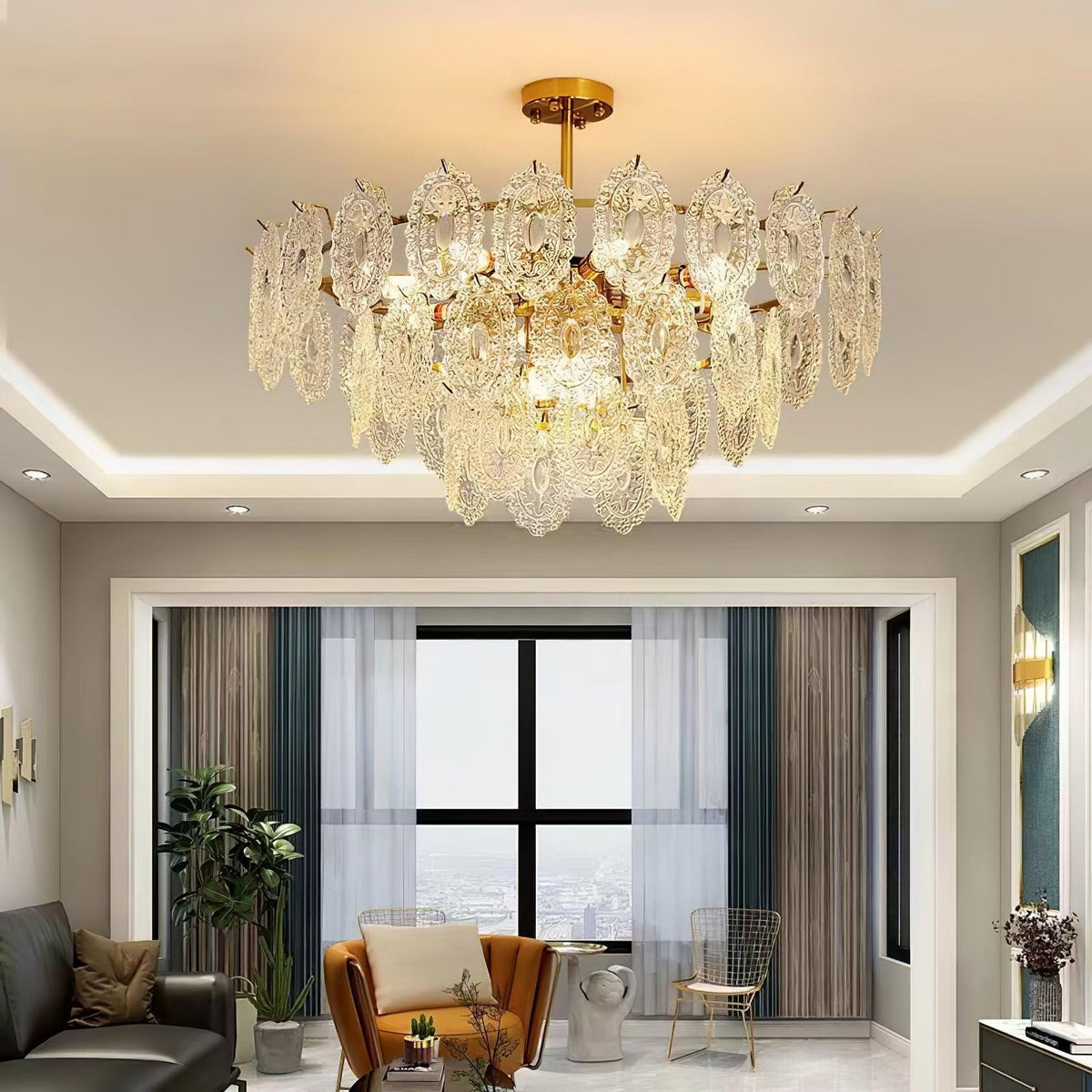 Dallion kroonluchter met golfvormig glas en gesmeed ijzer