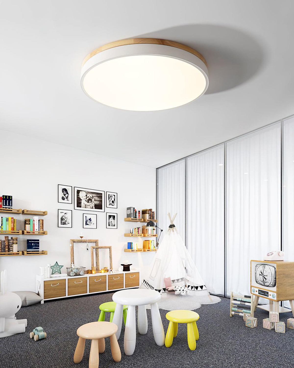 Daelis Witte Ronde plafondlamp met Houten Accent
