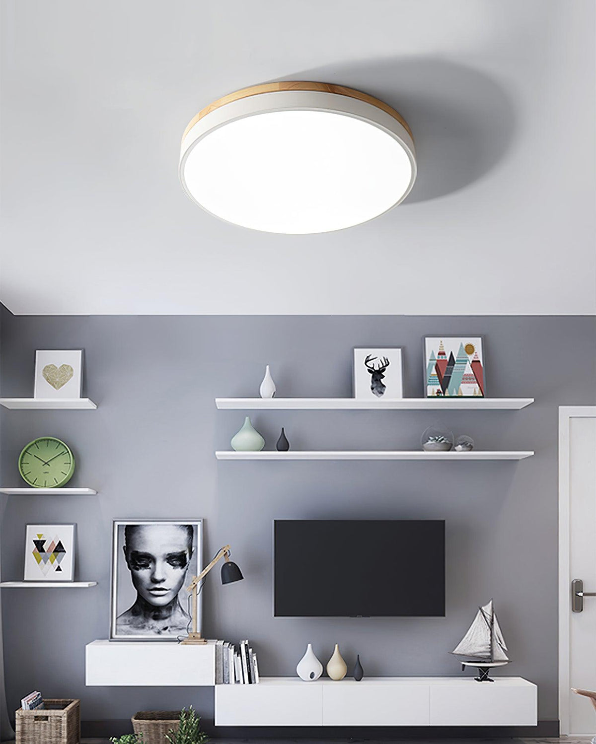 Daelis Witte Ronde plafondlamp met Houten Accent