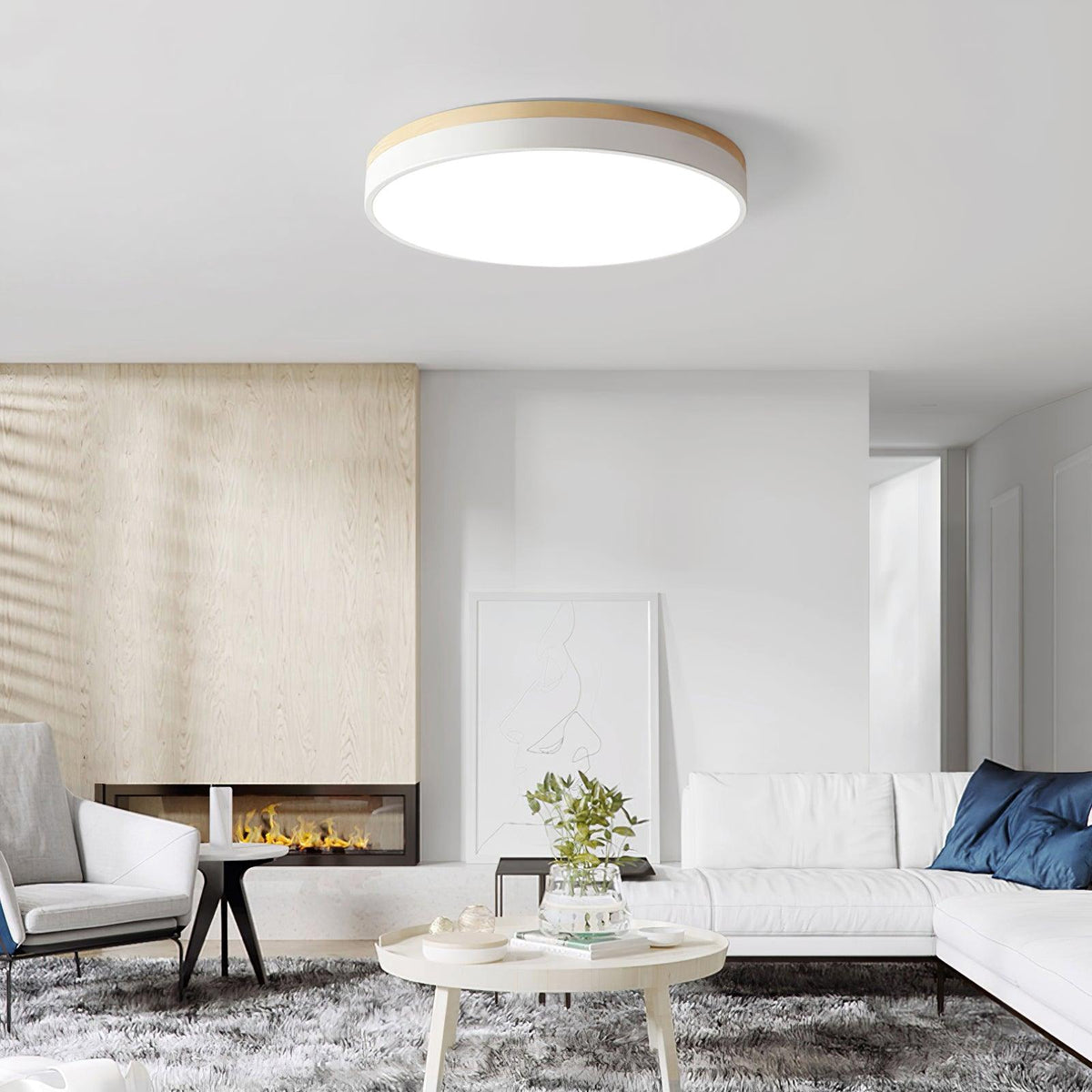 Daelis Witte Ronde plafondlamp met Houten Accent