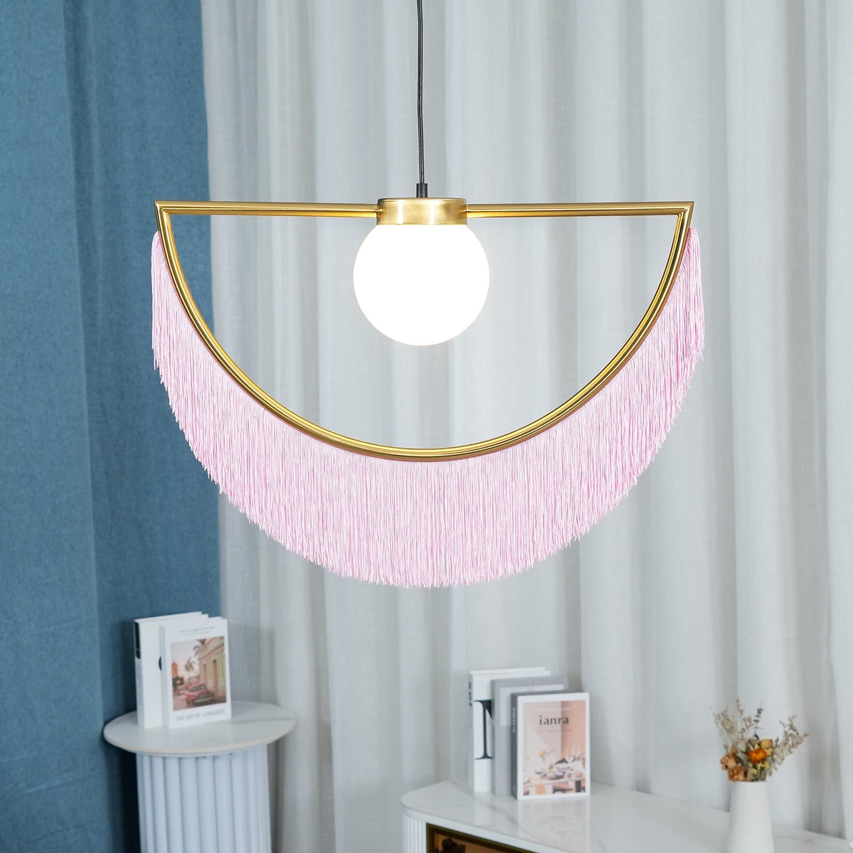 Sirove hanglamp met stoffen franjes bol retro bohemian
