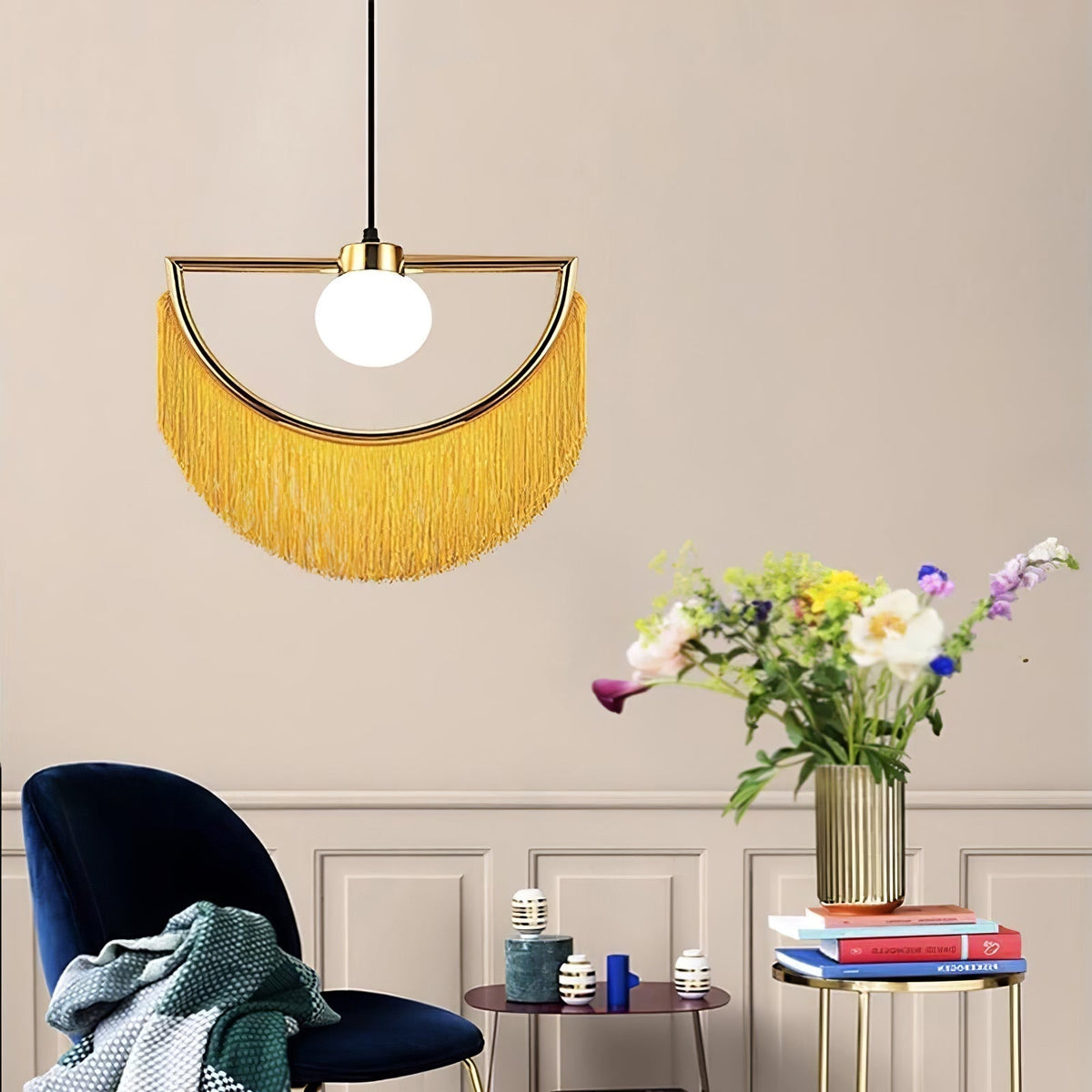 Sirove hanglamp met stoffen franjes bol retro bohemian
