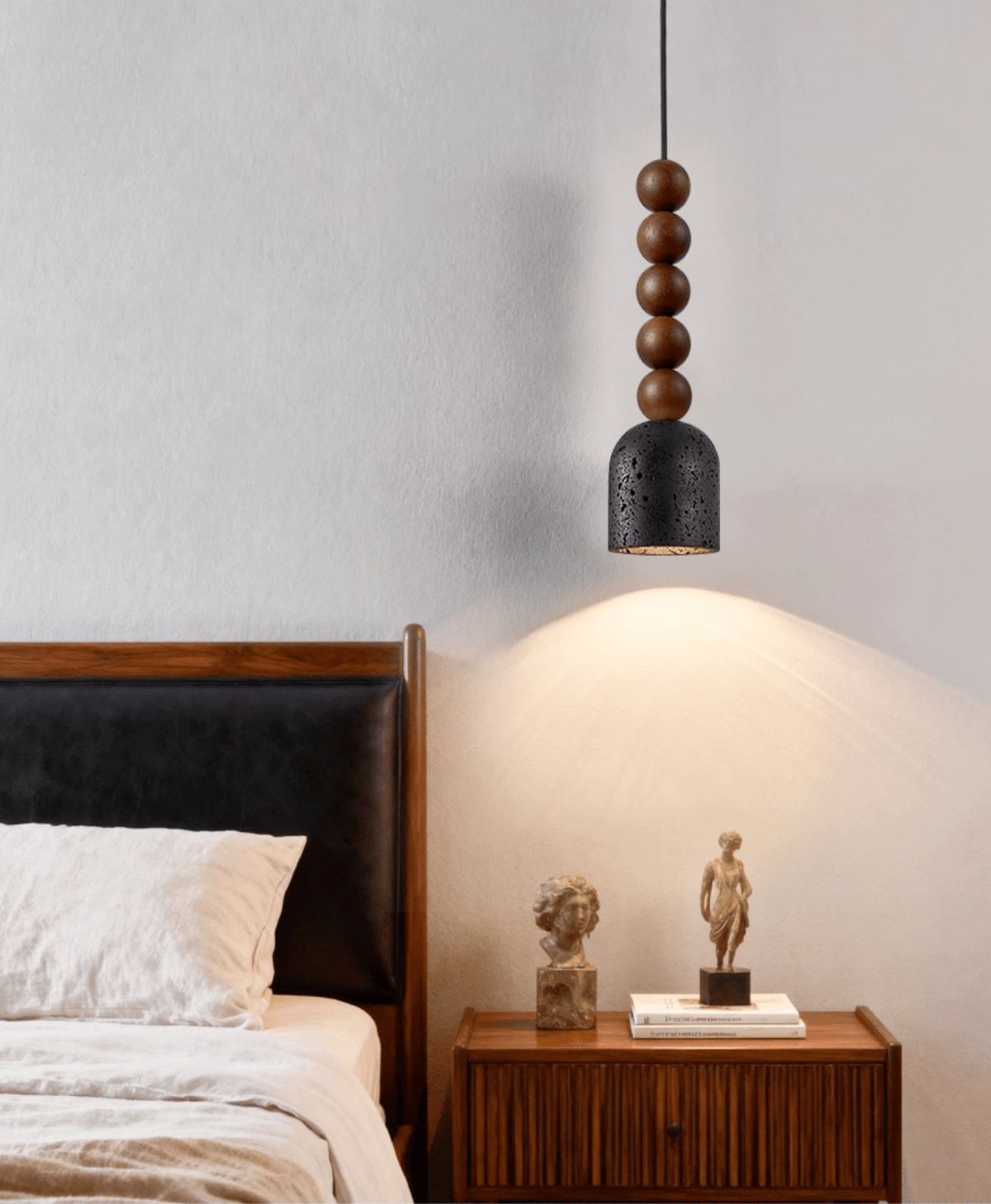 Tavirine hanglamp met houten kralen en travertin