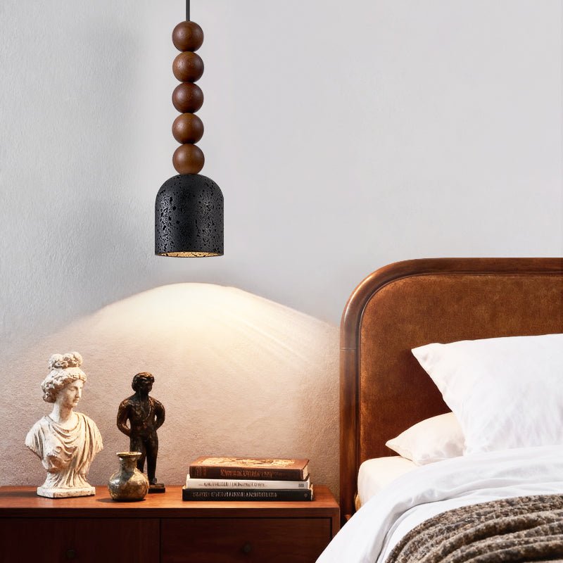 Tavirine hanglamp met houten kralen en travertin