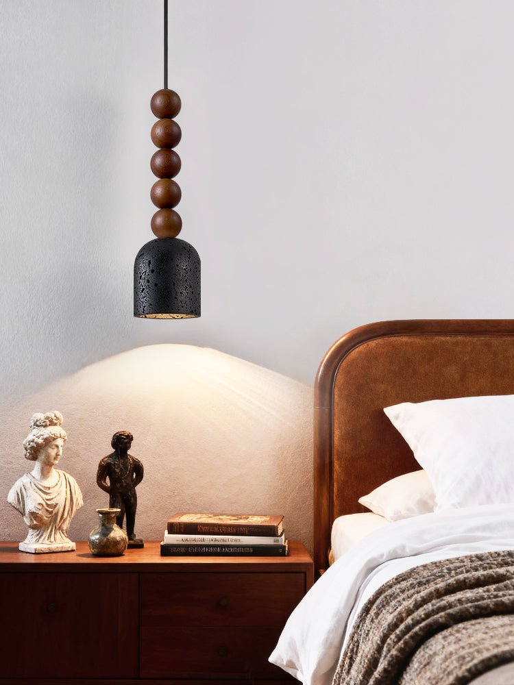Tavirine hanglamp met houten kralen en travertin