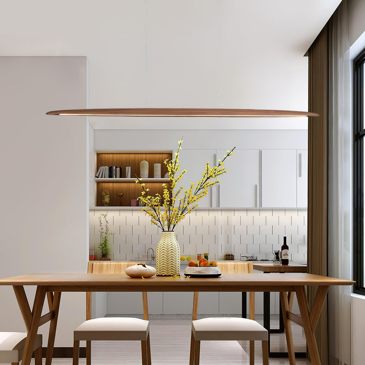 Zing lineaire hanglamp in walnootkleur met warm licht