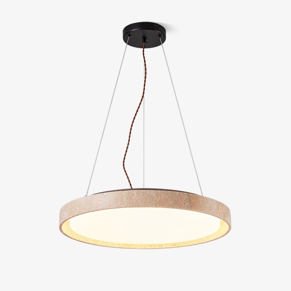 Seranena hanglamp met rond frame van geel travertin en donker walnoot